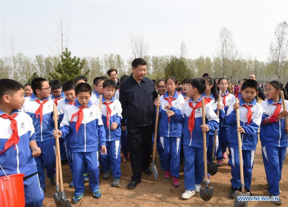 Chinese President Xi Jinping (C) walks with pupils after a tree-planting event in Xihongmen Township of Daxing District in Beijing, capital of China, April 5, 2016. Top leaders Xi Jinping, Li Keqiang, Zhang Dejiang, Yu Zhengsheng, Liu Yunshan, Wang Qishan and Zhang Gaoli attended a voluntary tree-planting in Beijing on Tuesday. (Photo: Xinhua/Li Xueren) Chinese President Xi Jinping (C) walks with pupils after a tree-planting event in Xihongmen Township of Daxing District in Beijing, capital of China, April 5, 2016. Top leaders Xi Jinping, Li Keqiang, Zhang Dejiang, Yu Zhengsheng, Liu Yunshan, Wang Qishan and Zhang Gaoli attended a voluntary tree-planting in Beijing on Tuesday. (Photo: Xinhua/Li Xueren)