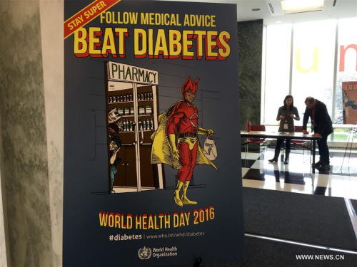 A poster reads Follow Medical Advice Beat Diabetes is seen at the United Nations headquarters in New York, on April 7, 2016, World Health Day. UN Secretary-General Ban Ki-moon on Thursday said that diabetes now causes some 1.5 million deaths a year and called for healthier lifestyles on this year's World Health Day. (Xinhua/Li Muzi) A poster reads Follow Medical Advice Beat Diabetes is seen at the United Nations headquarters in New York, on April 7, 2016, World Health Day. UN Secretary-General Ban Ki-moon on Thursday said that diabetes now causes some 1.5 million deaths a year and called for healthier lifestyles on this year's World Health Day. (Xinhua/Li Muzi)