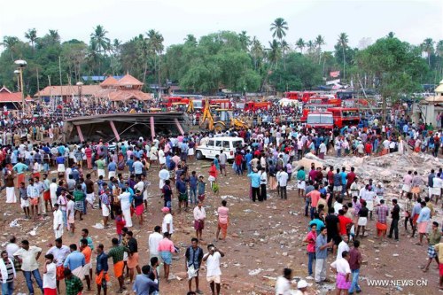 The site of the Puttingal Devi temple fire is seen in the southern Indian state Kerala, on April 10, 2016. (Xinhua) The site of the Puttingal Devi temple fire is seen in the southern Indian state Kerala, on April 10, 2016. (Xinhua)