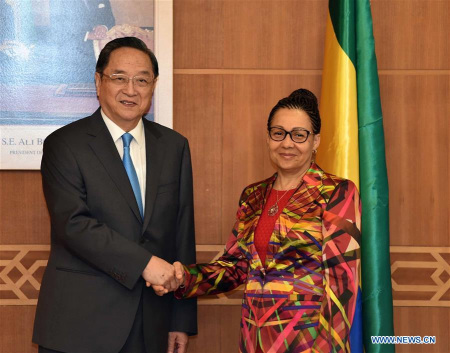 Yu Zhengsheng (L), chairman of the National Committee of the Chinese People's Political Consultative Conference (CPPCC), holds talks with Gabon's Senate Speaker Lucie Milebou in Libreville, Gabon, April 12, 2016. (Xinhua/Gao Jie) Yu Zhengsheng (L), chairman of the National Committee of the Chinese People's Political Consultative Conference (CPPCC), holds talks with Gabon's Senate Speaker Lucie Milebou in Libreville, Gabon, April 12, 2016. (Xinhua/Gao Jie)