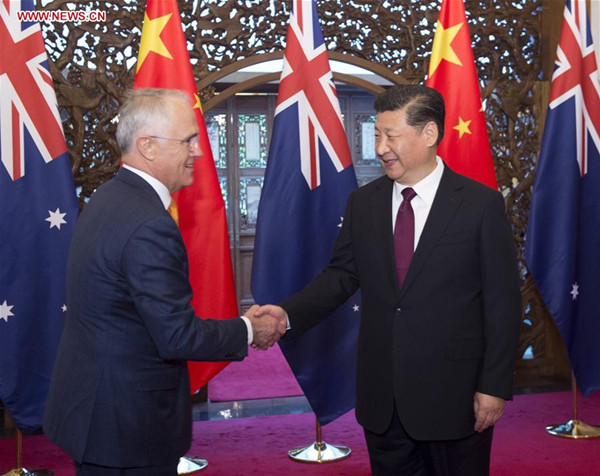 Chinese PresidentXi Jinping(R) meets with Australian Prime Minister Malcolm Turnbull in Beijing, capital of China, April 15, 2016. (Xinhua/Wang Ye) Chinese PresidentXi Jinping(R) meets with Australian Prime Minister Malcolm Turnbull in Beijing, capital of China, April 15, 2016. (Xinhua/Wang Ye)