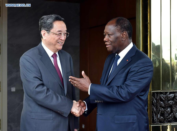 Yu Zhengsheng (L), chairman of the National Committee of the Chinese People's Political Consultative Conference, meets with Cote d'Ivoire's President Alassane Ouattara in Abidjan, Cote d'Ivoire, April 16, 2016. Yu paid an official visit to Cote d'Ivoire from April 13 to April 16 at the invitation of Cote d'Ivoire's Parliament Speaker Guillaume Soro. (Xinhua/Gao Jie) Yu Zhengsheng (L), chairman of the National Committee of the Chinese People's Political Consultative Conference, meets with Cote d'Ivoire's President Alassane Ouattara in Abidjan, Cote d'Ivoire, April 16, 2016. Yu paid an official visit to Cote d'Ivoire from April 13 to April 16 at the invitation of Cote d'Ivoire's Parliament Speaker Guillaume Soro. (Xinhua/Gao Jie)