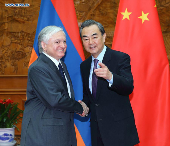 Chinese Foreign Minister Wang Yi (R) meets with Armenian Foreign Minister Edward Nalbandyan in Beijing, capital of China, April 15, 2016. On April 16, Nalbandyan and Secretary-General of the Shanghai Cooperation Organization (SCO) Rashid Olimov signed a memorandum marking Armenia's official status as a dialogue partner of the SCO. (Xinhua/Ding Haitao) Chinese Foreign Minister Wang Yi (R) meets with Armenian Foreign Minister Edward Nalbandyan in Beijing, capital of China, April 15, 2016. On April 16, Nalbandyan and Secretary-General of the Shanghai Cooperation Organization (SCO) Rashid Olimov signed a memorandum marking Armenia's official status as a dialogue partner of the SCO. (Xinhua/Ding Haitao)