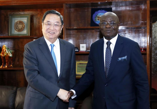 Yu Zhengsheng(L),chairman of the National Committee of the Chinese People's Political Consultative Conference (CPPCC),holds talks with Ghanaian Parliament Speaker Edward Korbly Doe Adjaho, Accra, Ghana, April 18, 2016.(Photo: Xinhua/Ju Peng) Yu Zhengsheng(L),chairman of the National Committee of the Chinese People's Political Consultative Conference (CPPCC),holds talks with Ghanaian Parliament Speaker Edward Korbly Doe Adjaho, Accra, Ghana, April 18, 2016.(Photo: Xinhua/Ju Peng)