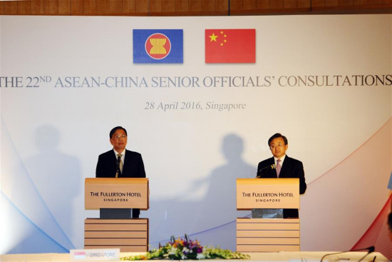 Chinese Vice Foreign Minister Liu Zhenmin (R) and Permanent Secretary for Foreign Affairs of Singapore Chee Wee Kiong attend the 22nd China-ASEAN Senior Officials' Consultation press conference held in Singapore, April 28, 2016. China and ASEAN countries have the will, ability and means to safeguard peace and stability in the South China Sea, Vice Foreign Minister Liu Zhenmin said here on Thursday. (Photo: Xinhua/Then Chih Wey) Chinese Vice Foreign Minister Liu Zhenmin (R) and Permanent Secretary for Foreign Affairs of Singapore Chee Wee Kiong attend the 22nd China-ASEAN Senior Officials' Consultation press conference held in Singapore, April 28, 2016. China and ASEAN countries have the will, ability and means to safeguard peace and stability in the South China Sea, Vice Foreign Minister Liu Zhenmin said here on Thursday. (Photo: Xinhua/Then Chih Wey)