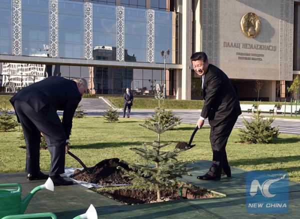 Chinese President Xi Jinping (R) and Belarusian President Alexander Lukashenko plant a dragon spruce tree in Minsk, capital of Belarus, May 10, 2015. (Xinhua file photo/Li Tao) Chinese President Xi Jinping (R) and Belarusian President Alexander Lukashenko plant a dragon spruce tree in Minsk, capital of Belarus, May 10, 2015. (Xinhua file photo/Li Tao)