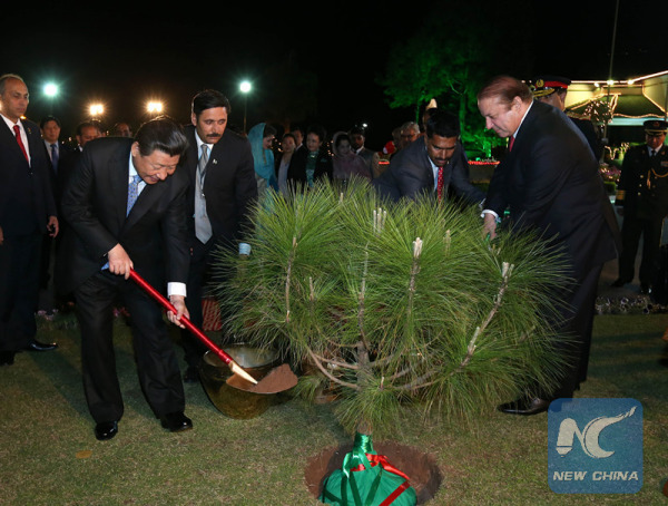 Chinese President Xi Jinping (1st L, front) and Pakistani Prime Minister Nawaz Sharif (1st R, front) plant a tree in Islamabad, capital of Pakistan, April 20, 2015. (Xinhua file photo/Pang Xinglei) Chinese President Xi Jinping (1st L, front) and Pakistani Prime Minister Nawaz Sharif (1st R, front) plant a tree in Islamabad, capital of Pakistan, April 20, 2015. (Xinhua file photo/Pang Xinglei)