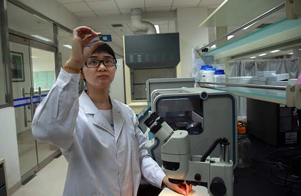 Researcher Xie Lan, chief biochip designer, checks a biochip at the development center in Beijing. Zou Hong / China Daily Researcher Xie Lan, chief biochip designer, checks a biochip at the development center in Beijing. Zou Hong / China Daily