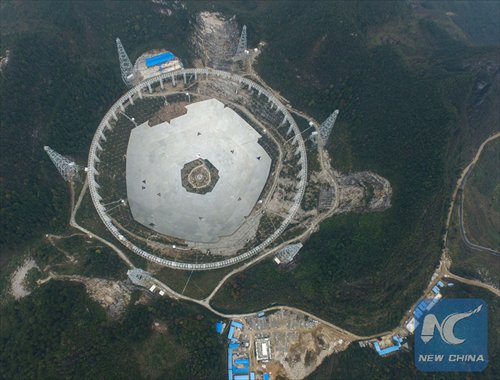 Photo taken on Dec. 16, 2015 shows aerial view of the construction site of the Five-hundred-meter Aperture Spherical Telescope in Southwest China's Guizhou Province. (Photo/Xinhua) Photo taken on Dec. 16, 2015 shows aerial view of the construction site of the Five-hundred-meter Aperture Spherical Telescope in Southwest China's Guizhou Province. (Photo/Xinhua)