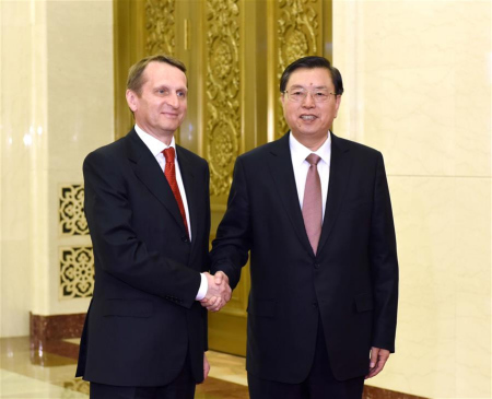 Zhang Dejiang (R), chairman of the Standing Committee of China's National People's Congress (NPC), shakes hands with Sergei Naryshkin, chairman of Russia's State Duma, in Beijing, capital of China, May 5, 2016. Zhang and Naryshkin co-chaired the second meeting of the cooperation committee between China's NPC, the top legislative body, and the Russian Federal Council and the State Duma, the upper and lower houses of the Russian parliament, in Beijing on Thursday. (Xinhua/Rao Aimin) Zhang Dejiang (R), chairman of the Standing Committee of China's National People's Congress (NPC), shakes hands with Sergei Naryshkin, chairman of Russia's State Duma, in Beijing, capital of China, May 5, 2016. Zhang and Naryshkin co-chaired the second meeting of the cooperation committee between China's NPC, the top legislative body, and the Russian Federal Council and the State Duma, the upper and lower houses of the Russian parliament, in Beijing on Thursday. (Xinhua/Rao Aimin)