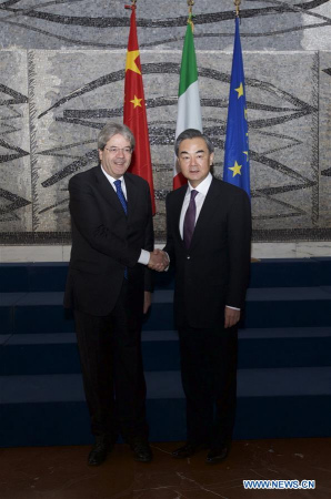 Chinese Foreign Minister Wang Yi (R) holds talks with Italian Foreign Minister Paolo Gentiloni in Rome, Italy, May 5, 2016. (Xinhua/Jin Yu) Chinese Foreign Minister Wang Yi (R) holds talks with Italian Foreign Minister Paolo Gentiloni in Rome, Italy, May 5, 2016. (Xinhua/Jin Yu)