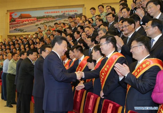  Chinese leaders (From R to L 1st Row) Xi Jinping, Li Keqiang, Liu Yunshan, Zhang Gaoli meet with delegates of the 7th national conference on people's air defense in Beijing, China, May 13, 2016. (Photo: Xinhua/Li Gang)