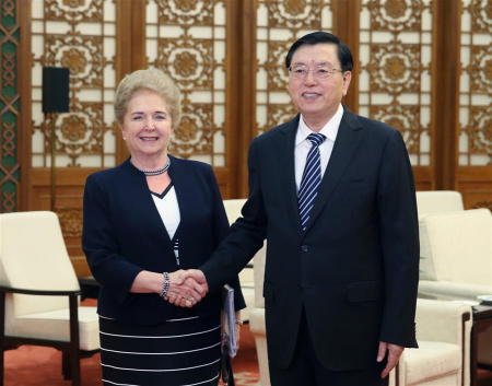 Zhang Dejiang (R), chairman of the Standing Committee of China's National People's Congress, meets with Matrai Marta, First Officer of the Hungarian National Assembly, in Beijing, capital of China, May 16, 2016. (Photo: Xinhua/Yao Dawei) Zhang Dejiang (R), chairman of the Standing Committee of China's National People's Congress, meets with Matrai Marta, First Officer of the Hungarian National Assembly, in Beijing, capital of China, May 16, 2016. (Photo: Xinhua/Yao Dawei)