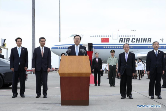 Zhang Dejiang (C, front), chairman of the Standing Committee of China's National People's Congress, speaks upon his arrival at the airport in the Hong Kong Special Administrative Region (SAR), south China, May 17, 2016. (Photo: Xinhua/Pang Xinglei) Zhang Dejiang (C, front), chairman of the Standing Committee of China's National People's Congress, speaks upon his arrival at the airport in the Hong Kong Special Administrative Region (SAR), south China, May 17, 2016. (Photo: Xinhua/Pang Xinglei)