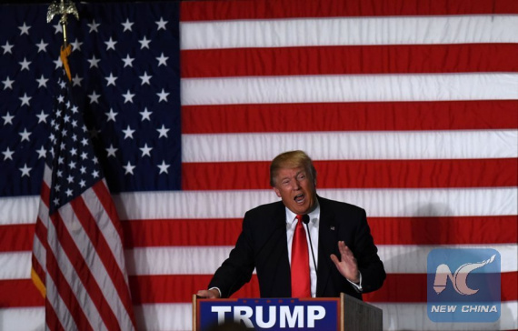 Republican presidential candidate Donald Trump speaks at a campaign rally in Cedar Rapids, Iowa, the United States, Feb. 1, 2016. (Photo: Xinhua/Yin Bogu) Republican presidential candidate Donald Trump speaks at a campaign rally in Cedar Rapids, Iowa, the United States, Feb. 1, 2016. (Photo: Xinhua/Yin Bogu)
