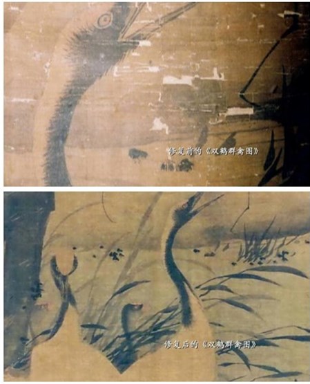 Image shows the silk painting Two Cranes and a Flock of Birds before and after renovation (Still images from China Central Television) Image shows the silk painting Two Cranes and a Flock of Birds before and after renovation (Still images from China Central Television)