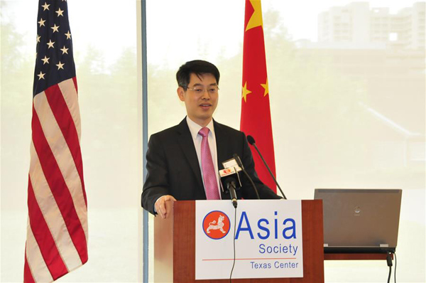 China's Deputy Consul General in Houston Zhao Yumin gives a keynote speech titled Maintaining Peace and Stability in the South China Sea at an event jointly organized by the Consulate General and Asia Society Texas Center in Houston, the United States, June 3, 2016. (Xinhua/Zhang Yongxing) China's Deputy Consul General in Houston Zhao Yumin gives a keynote speech titled Maintaining Peace and Stability in the South China Sea at an event jointly organized by the Consulate General and Asia Society Texas Center in Houston, the United States, June 3, 2016. (Xinhua/Zhang Yongxing)