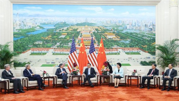 Chinese Premier Li Keqiang (C) meets with U.S. Secretary of State John Kerry (2nd L) and Treasury Secretary Jacob Lew (3rd L), who are here to attend the eighth round of China-U.S. Strategic and Economic Dialogues and the seventh round of China-U.S. High-Level Consultation on People-to-People Exchange, in Beijing, June 7, 2016. (Photo: Xinhua/Yao Dawei) Chinese Premier Li Keqiang (C) meets with U.S. Secretary of State John Kerry (2nd L) and Treasury Secretary Jacob Lew (3rd L), who are here to attend the eighth round of China-U.S. Strategic and Economic Dialogues and the seventh round of China-U.S. High-Level Consultation on People-to-People Exchange, in Beijing, June 7, 2016. (Photo: Xinhua/Yao Dawei)