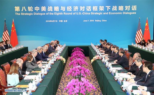 Chinese State Councilor Yang Jiechi (5th R) and U.S. Secretary of State John Kerry (5th L) co-chair the Strategic Dialogue of the eighth round of China-U.S. Strategic and Economic Dialogues in Beijing, capital of China, June 7, 2016. (Xinhua/Ma Zhancheng) Chinese State Councilor Yang Jiechi (5th R) and U.S. Secretary of State John Kerry (5th L) co-chair the Strategic Dialogue of the eighth round of China-U.S. Strategic and Economic Dialogues in Beijing, capital of China, June 7, 2016. (Xinhua/Ma Zhancheng)