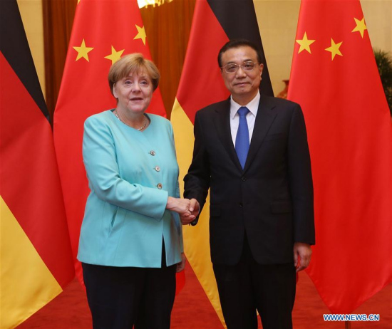 Chinese Premier Li Keqiang (R) shakes hands with German Chancellor Angela Merkel at a welcoming ceremony for Merkel before their talks at the Great Hall of the People in Beijing, capital of China, June 13, 2016. (Xinhua/Liu Weibing) Chinese Premier Li Keqiang (R) shakes hands with German Chancellor Angela Merkel at a welcoming ceremony for Merkel before their talks at the Great Hall of the People in Beijing, capital of China, June 13, 2016. (Xinhua/Liu Weibing)