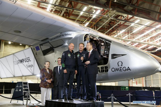 United Nations Secretary-General Ban Ki-moon (1st R) meets with Andre Borschberg (2nd R) and Bertrand Piccard (3rd R), pilots of the Solar Impulse 2, at John F. Kennedy (JFK) International Airport, during the expedition's stopover in New York City, June 13, 2016. (Xinhua/Li Muzi) United Nations Secretary-General Ban Ki-moon (1st R) meets with Andre Borschberg (2nd R) and Bertrand Piccard (3rd R), pilots of the Solar Impulse 2, at John F. Kennedy (JFK) International Airport, during the expedition's stopover in New York City, June 13, 2016. (Xinhua/Li Muzi)