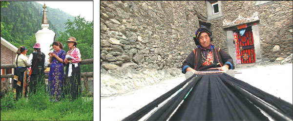 Left:Tibetan women and children enjoy their time in the Yangrong Tibetan village of Aba. Right:Motsai, a Tibetan woman in her 60s, is weaving cloth at her residence in Serku village in Aba. Li Yang/ China Daily Left:Tibetan women and children enjoy their time in the Yangrong Tibetan village of Aba. Right:Motsai, a Tibetan woman in her 60s, is weaving cloth at her residence in Serku village in Aba. Li Yang/ China Daily