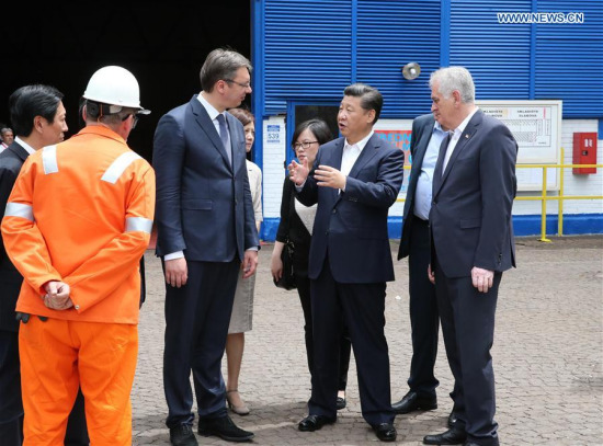 Chinese President Xi Jinping (2nd R, front), accompanied by Serbian President Tomislav Nikolic (1st R, front) and Serbian Prime Minister Aleksandar Vucic (3rd R, front), visits Serbia's sole steel mill in Smederevo, Serbia, June 19, 2016. (Xinhua/Ma Zhancheng) Chinese President Xi Jinping (2nd R, front), accompanied by Serbian President Tomislav Nikolic (1st R, front) and Serbian Prime Minister Aleksandar Vucic (3rd R, front), visits Serbia's sole steel mill in Smederevo, Serbia, June 19, 2016. (Xinhua/Ma Zhancheng)