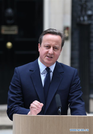 File photo taken on June 21, 2016 shows British Prime Minister David Cameron delivering a speech at 10 Downing Street in London. British Prime Minister David Cameron announced his resignation on Friday. (Xinhua/Han Yan) File photo taken on June 21, 2016 shows British Prime Minister David Cameron delivering a speech at 10 Downing Street in London. British Prime Minister David Cameron announced his resignation on Friday. (Xinhua/Han Yan)