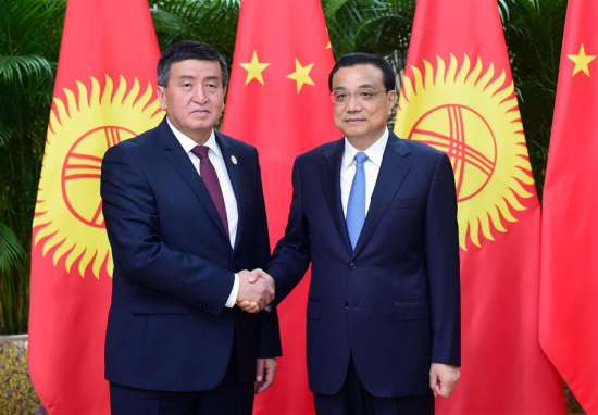 Chinese Premier Li Keqiang (R) holds talks with Kyrgyz Prime Minister Sooronbai Zheenbekov, who is here to attend the Annual Meeting of the New Champions 2016, or Summer Davos Forum, in Tianjin, north China, June 27, 2016. (Xinhua/Zhang Duo) Chinese Premier Li Keqiang (R) holds talks with Kyrgyz Prime Minister Sooronbai Zheenbekov, who is here to attend the Annual Meeting of the New Champions 2016, or Summer Davos Forum, in Tianjin, north China, June 27, 2016. (Xinhua/Zhang Duo)