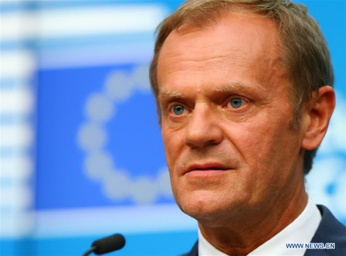 European Council President Donald Tusk attends a press conference at the EU headquarters in Brussels, Belgium, June 28, 2016. European leaders on Tuesday pressed for a quick and clear British departure plan to quell worldwide anxiety about the continent's future. (Xinhua/Gong Bing) European Council President Donald Tusk attends a press conference at the EU headquarters in Brussels, Belgium, June 28, 2016. European leaders on Tuesday pressed for a quick and clear British departure plan to quell worldwide anxiety about the continent's future. (Xinhua/Gong Bing)