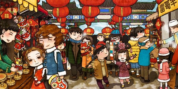 The illustration of the temple fair in Beijing. Provided to China Daily The illustration of the temple fair in Beijing. Provided to China Daily