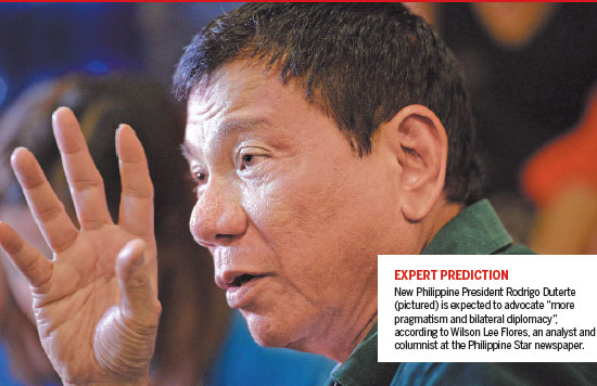 New Philippine President Rodrigo Duterte (pictured) is expected to advocate more pragmatismand bilateral diplomacy, according toWilson Lee Flores, an analyst and columnist at the Philippine Star newspaper. Photo Provided To China Daily New Philippine President Rodrigo Duterte (pictured) is expected to advocate more pragmatismand bilateral diplomacy, according toWilson Lee Flores, an analyst and columnist at the Philippine Star newspaper. Photo Provided To China Daily