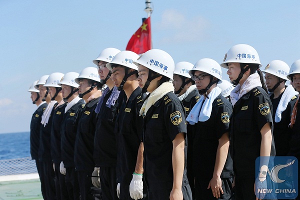 Crew members take part in a fire drill on China's largest and most advanced patrol vessel Haixun 01 on the South China Sea, April 4, 2016. Haixun 01 is the first Chinese vessel to incorporate marine inspection and rescue functions. The 5,418-tonnage Haixun 01 is 128.6 meters in length, 16 meters in width and can sail for 10,000 nautical miles (18,520 km) without refueling. (Xinhua/Xing Guangli) Crew members take part in a fire drill on China's largest and most advanced patrol vessel Haixun 01 on the South China Sea, April 4, 2016. Haixun 01 is the first Chinese vessel to incorporate marine inspection and rescue functions. The 5,418-tonnage Haixun 01 is 128.6 meters in length, 16 meters in width and can sail for 10,000 nautical miles (18,520 km) without refueling. (Xinhua/Xing Guangli)