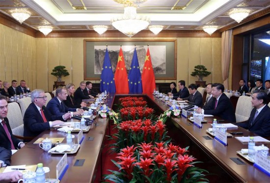 Chinese President Xi Jinping (2nd R, front) meets with European Council President Donald Tusk (3rd L, front) and European Commission President Jean-Claude Juncker (2nd L, front) in Beijing, capital of China, July 12, 2016. (Xinhua/Liu Weibing) Chinese President Xi Jinping (2nd R, front) meets with European Council President Donald Tusk (3rd L, front) and European Commission President Jean-Claude Juncker (2nd L, front) in Beijing, capital of China, July 12, 2016. (Xinhua/Liu Weibing)