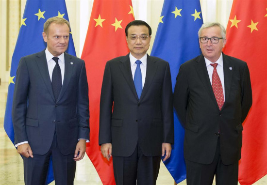 Chinese Premier Li Keqiang (C) meets with European Council President Donald Tusk (L) and European Commission President Jean-Claude Juncker (R) in Beijing, capital of China, July 12, 2016. (Xinhua/Xie Huanchi) Chinese Premier Li Keqiang (C) meets with European Council President Donald Tusk (L) and European Commission President Jean-Claude Juncker (R) in Beijing, capital of China, July 12, 2016. (Xinhua/Xie Huanchi)