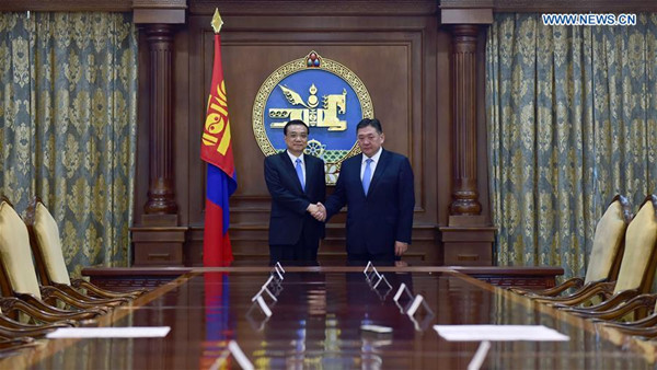 Chinese Premier Li Keqiang (L) meets with Chairman Miyegombo Enkhbold of the State Great Hural, Mongolia's parliament, in Ulan Bator, Mongolia, July 14, 2016. (Xinhua/Zhang Duo) Chinese Premier Li Keqiang (L) meets with Chairman Miyegombo Enkhbold of the State Great Hural, Mongolia's parliament, in Ulan Bator, Mongolia, July 14, 2016. (Xinhua/Zhang Duo)
