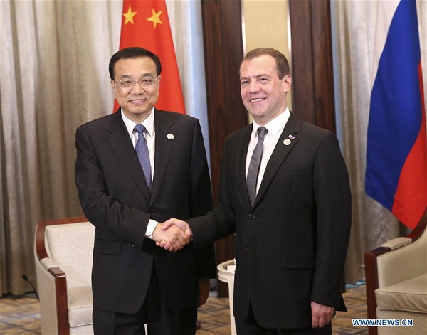 Chinese Premier Li Keqiang (L) meets with Russian Prime Minister Dmitry Medvedev in Ulan Bator, Mongolia, July 15, 2016. (Photo:Xinhua/Pang Xinglei) Chinese Premier Li Keqiang (L) meets with Russian Prime Minister Dmitry Medvedev in Ulan Bator, Mongolia, July 15, 2016. (Photo:Xinhua/Pang Xinglei)