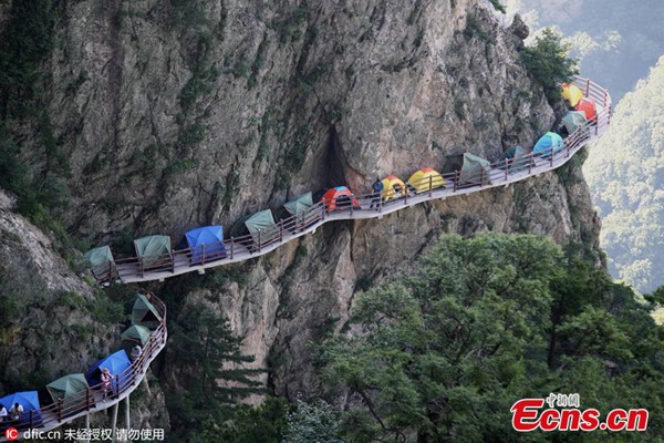 Backpackers set up tents on a plank road on a cliff in Laojun Mountain in Luoyang, Henan province, July 16, 2016. (Photo/IC) Backpackers set up tents on a plank road on a cliff in Laojun Mountain in Luoyang, Henan province, July 16, 2016. (Photo/IC)