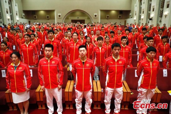 Members of Chinese delegation for Rio Olympic Games attend an official ceremony in Beijing, capital of China, July 18, 2016. (Photo: China News Service/Fu Tian) Members of Chinese delegation for Rio Olympic Games attend an official ceremony in Beijing, capital of China, July 18, 2016. (Photo: China News Service/Fu Tian)