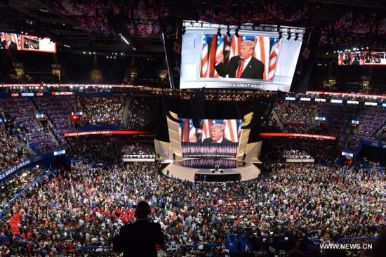 Donald Trump takes the stage on the last day of the Republican National Convention in Cleveland, Ohio, the United States, July 21, 2016. (Xinhua/Yin Bogu) Donald Trump takes the stage on the last day of the Republican National Convention in Cleveland, Ohio, the United States, July 21, 2016. (Xinhua/Yin Bogu)