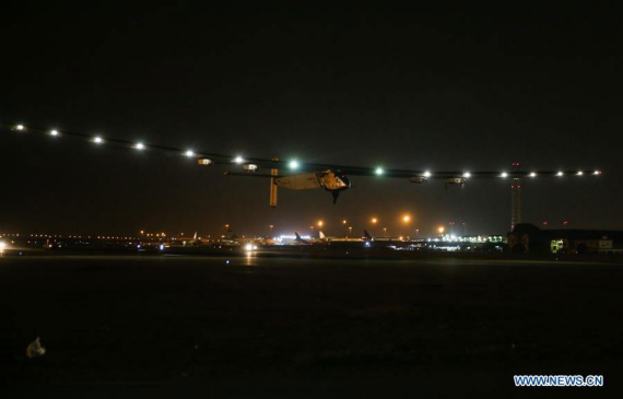 The solar-powered aircraft Solar Impulse 2 departs from the international airport in Cairo, capital of Egypt, July 23, 2016. The solar-powered aircraft Solar Impulse 2 left Cairo for Abu Dhabi on Saturday. (Photo/Xinhua) The solar-powered aircraft Solar Impulse 2 departs from the international airport in Cairo, capital of Egypt, July 23, 2016. The solar-powered aircraft Solar Impulse 2 left Cairo for Abu Dhabi on Saturday. (Photo/Xinhua)