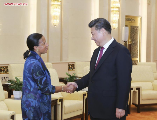Chinese President Xi Jinping (R) meets with U.S. National Security Advisor Susan Rice at the Great Hall of the People in Beijing, capital of China, July 25, 2016. (Xinhua/Ding Lin) Chinese President Xi Jinping (R) meets with U.S. National Security Advisor Susan Rice at the Great Hall of the People in Beijing, capital of China, July 25, 2016. (Xinhua/Ding Lin)