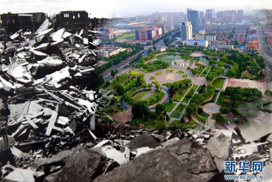 The black-and-white photo shows how the catastrophic earthquake turned Tangshan into ruins on July 28, 1976, while the colored part shows the Yuntian Square on July 18, 2016. (Photo/Xinhua) The black-and-white photo shows how the catastrophic earthquake turned Tangshan into ruins on July 28, 1976, while the colored part shows the Yuntian Square on July 18, 2016. (Photo/Xinhua)