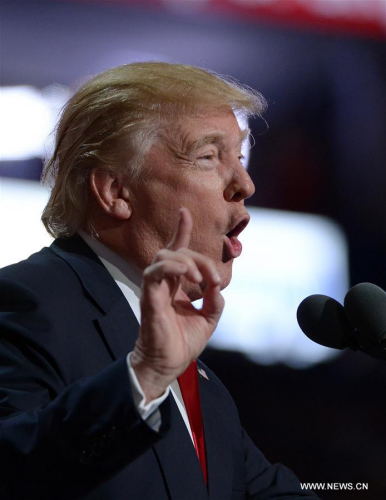 Donald Trump speaks on the last day of the Republican National Convention in Cleveland, Ohio, the United States, July 21, 2016. (Xinhua/Yin Bogu) Donald Trump speaks on the last day of the Republican National Convention in Cleveland, Ohio, the United States, July 21, 2016. (Xinhua/Yin Bogu)