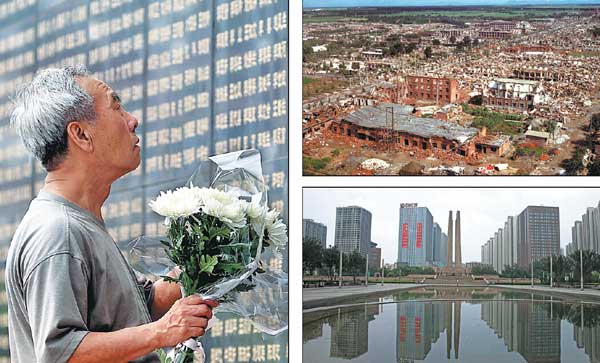 A man mourns his mother, a victim of the earthquake, at a memorial park in Tangshan, Hebei province. Tangshan lies in ruins after the devastating earthquake in 1976. An earthquake monument stands at the edge of a pond in the rebuilt Tangshan. PHOTOS BY WANG ZHUANGFEI / CHINA DAILY AND XINHUA FILE PHOTO A man mourns his mother, a victim of the earthquake, at a memorial park in Tangshan, Hebei province. Tangshan lies in ruins after the devastating earthquake in 1976. An earthquake monument stands at the edge of a pond in the rebuilt Tangshan. PHOTOS BY WANG ZHUANGFEI / CHINA DAILY AND XINHUA FILE PHOTO