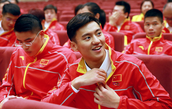 Swimmer Ning Zetao attends a ceremony at which the Chinese delegation was unveiled in Beijing on Monday. (Photo by Zou Hong/China Daily)
