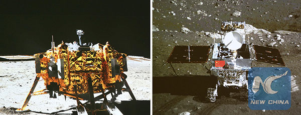 Screen shows the photos of the Chang'e-3 moon lander (L) and the Yutu moon rover during the mutual-photograph process, at the Beijing Aerospace Control Center in Beijing, Dec 15, 2013. (Photo/Xinnhua) Screen shows the photos of the Chang'e-3 moon lander (L) and the Yutu moon rover during the mutual-photograph process, at the Beijing Aerospace Control Center in Beijing, Dec 15, 2013. (Photo/Xinnhua)