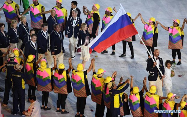 Russian Olympic delegation parades into the stadium during the opening ceremony of the 2016 Olymics at Maracana Stadium in Rio de Janeiro, Brazil, Aug. 5, 2016. (Xinhua/Meng Yongmin) Russian Olympic delegation parades into the stadium during the opening ceremony of the 2016 Olymics at Maracana Stadium in Rio de Janeiro, Brazil, Aug. 5, 2016. (Xinhua/Meng Yongmin)