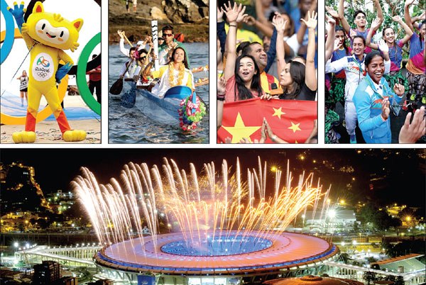 Clockwise from top left: The Rio Summer Olympics mascot Vinicius sets an exuberant tone. The Olympic torch is carried on the bay in Cabo Frio in Rio de Janiero state ahead of the Games' opening. Chinese fans cheer on Wednesday during the China-Brazil women's soccer match, which Brazil won. An Indian athlete joins Brazilians in dancing the samba. Fireworks light the night sky during a rehearsal of the opening ceremony scheduled for Friday evening in Rio de Janeiro. (Photos by AGENCIES and CHINA DAILY) Clockwise from top left: The Rio Summer Olympics mascot Vinicius sets an exuberant tone. The Olympic torch is carried on the bay in Cabo Frio in Rio de Janiero state ahead of the Games' opening. Chinese fans cheer on Wednesday during the China-Brazil women's soccer match, which Brazil won. An Indian athlete joins Brazilians in dancing the samba. Fireworks light the night sky during a rehearsal of the opening ceremony scheduled for Friday evening in Rio de Janeiro. (Photos by AGENCIES and CHINA DAILY)