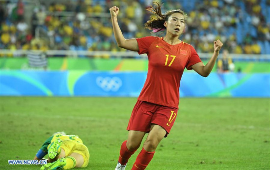 Gu Yasha of China celebrates for a goal during a Group E match of women's football at the 2016 Rio Olympic Games in Rio de Janeiro, Brazil, on Aug. 6, 2016. China defeated South Africa 2-0. (Xinhua/Lui Siu Wai) Gu Yasha of China celebrates for a goal during a Group E match of women's football at the 2016 Rio Olympic Games in Rio de Janeiro, Brazil, on Aug. 6, 2016. China defeated South Africa 2-0. (Xinhua/Lui Siu Wai)